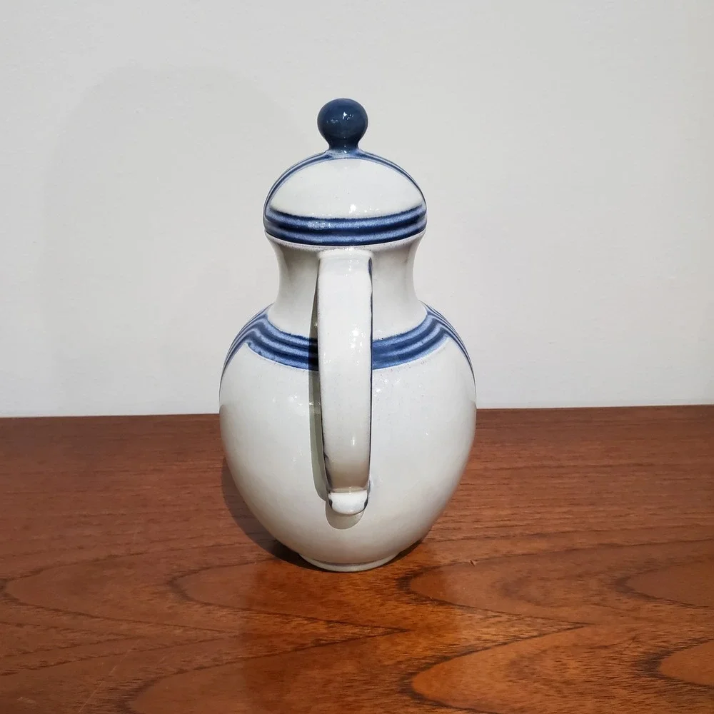 German Steingutzes‎ Gutezeichen Ceramic Coffee Pot Blue and White Mid Century